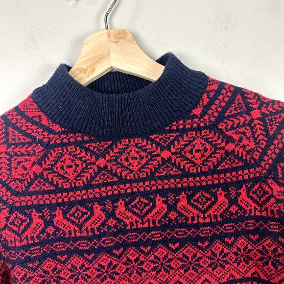 J Crew Cheerful Fair Isle Mock Neck Lambs Wool Sweater Red Blue XS Extra Small - Picture 5 of 10